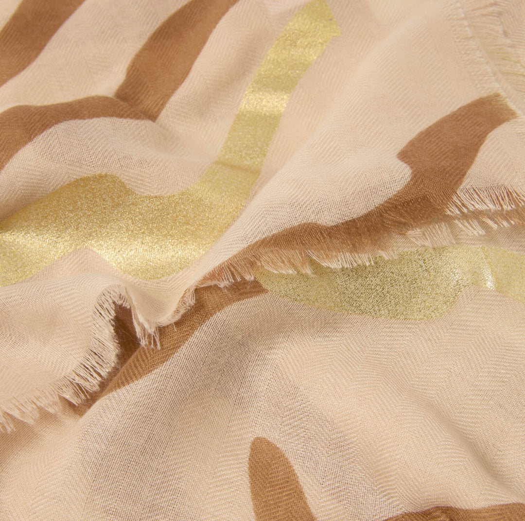 ABSTRACT WAVE PRINTED FOIL SCARF IN NUDE PINK, COGNAC AND GOLD