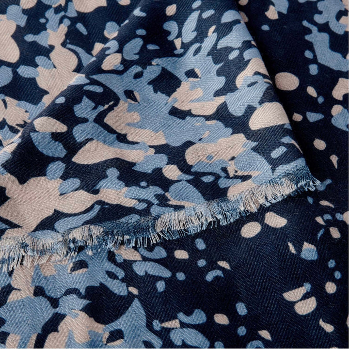 SCATTERED DOT PRINTED SCARF IN BLACK, TAUPE AND NAVY