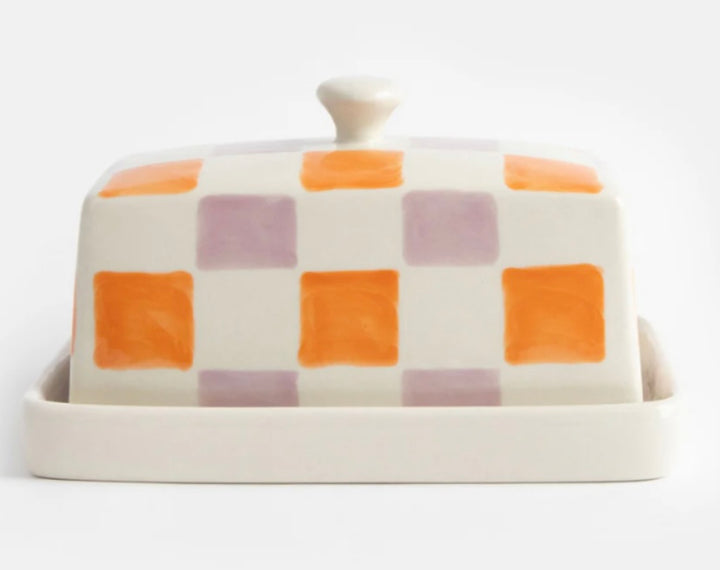 ORANGE LILAC CHECK BUTTER DISH