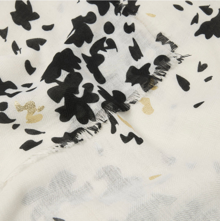 FLORAL BURST PRINTED FOIL SCARF IN OF WHITE, BLACK AND GOLD