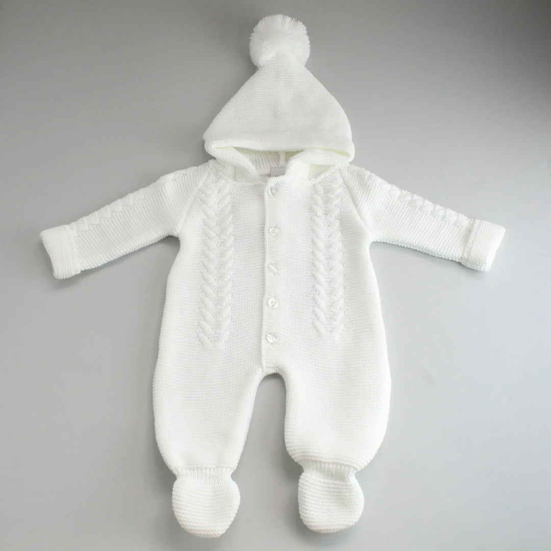 UNISEX WHITE CABLE KNITTED PRAM SUIT 0-3 MONTHS