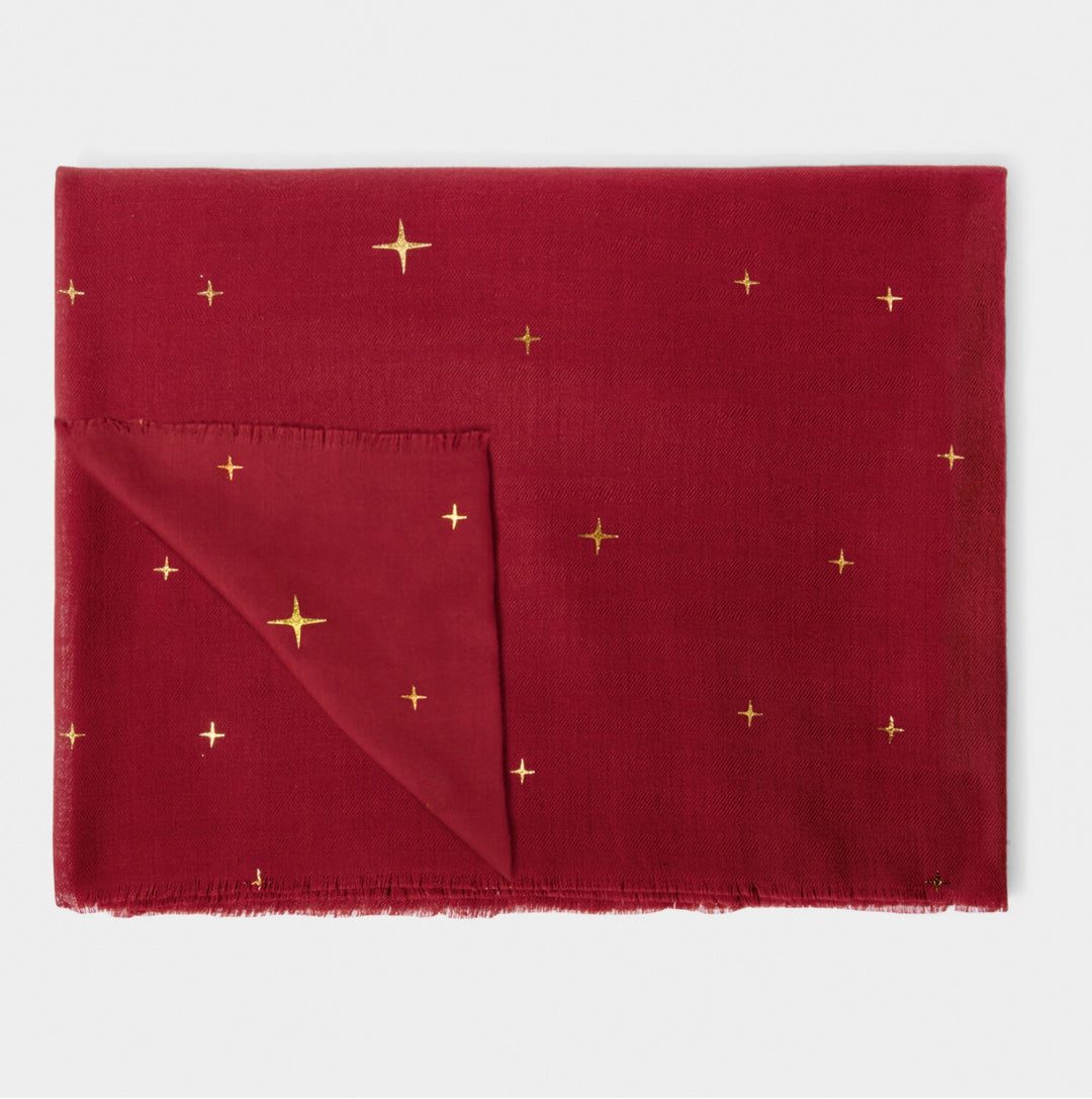 STAR SKY PRINTED FOIL SCARF IN GARNET RED AND GOLD