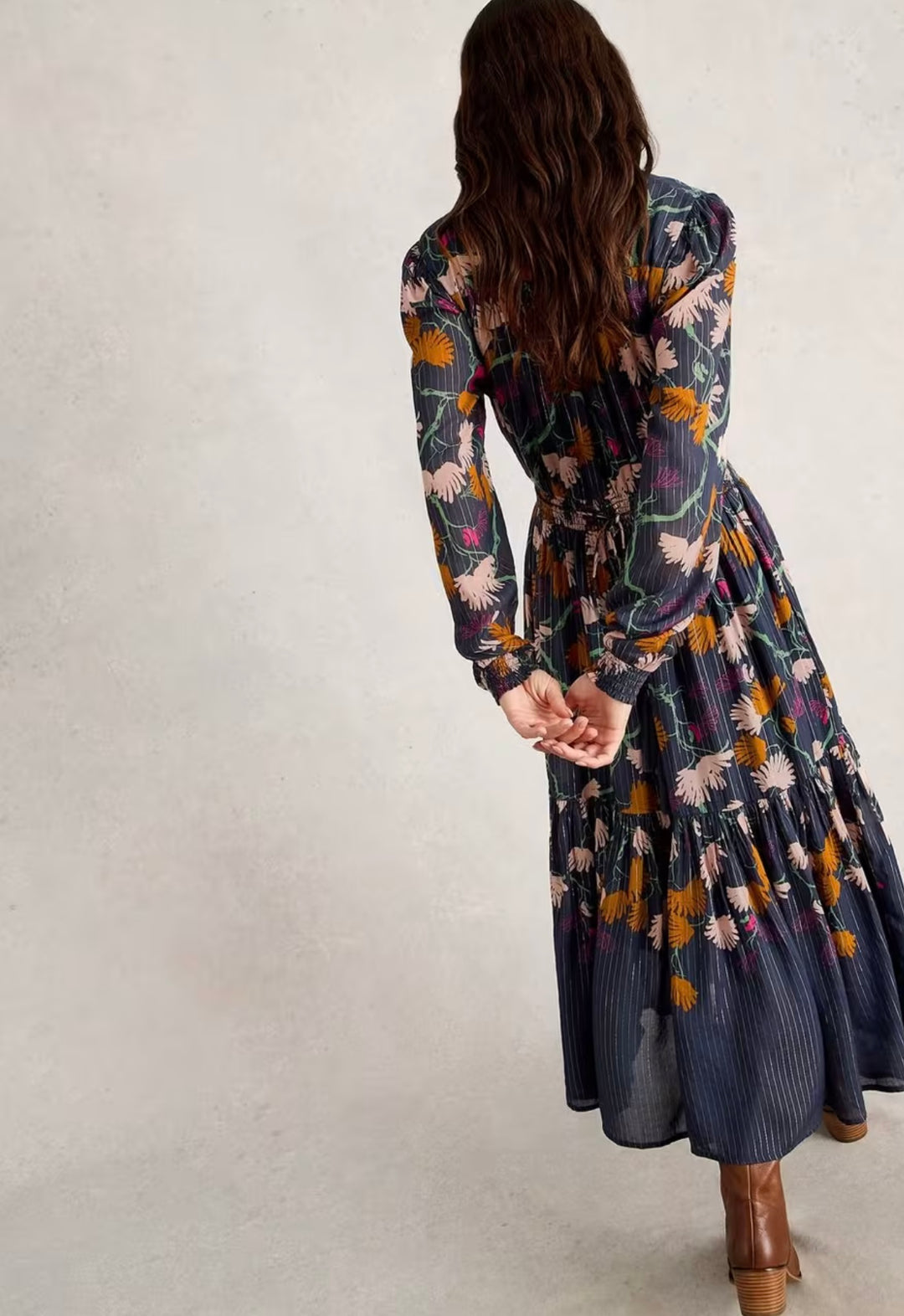 YUKI METALLIC MIDI DRESS NAVY PRINT