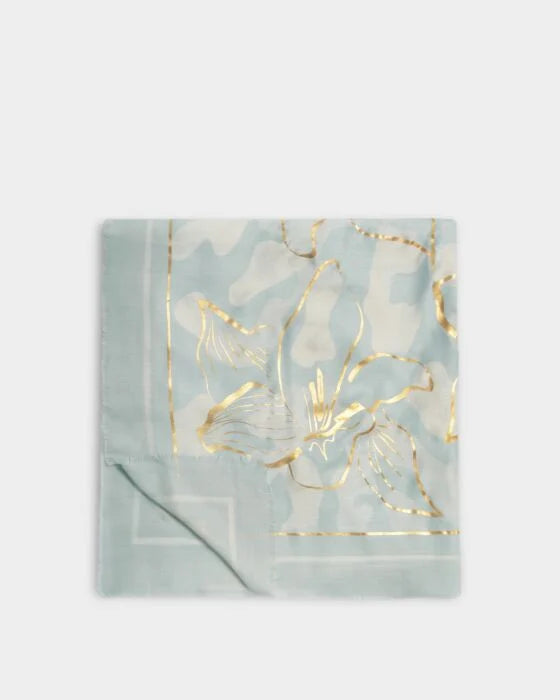 PRINTED FOIL SCARF | GOLDEN FLORAL LINE | GREEN MIST  / OFF WHITE / GOLD FOIL