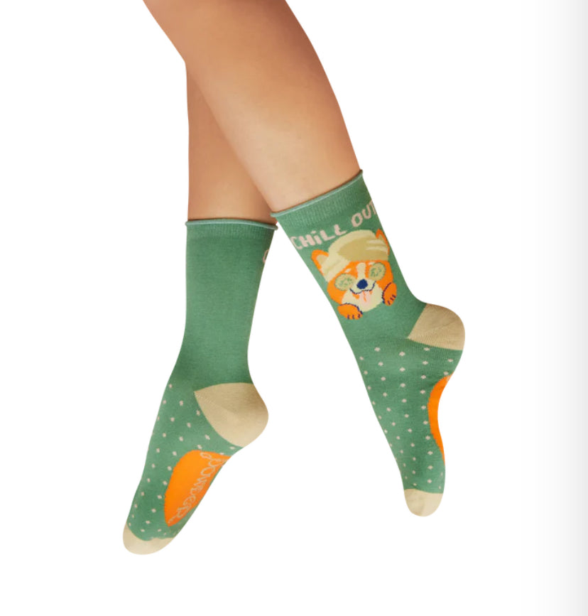 CHILLED CORGI FERN GREEN ANKLE SOCK SIZE 3-8