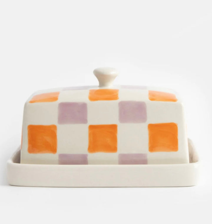 ORANGE LILAC CHECK BUTTER DISH