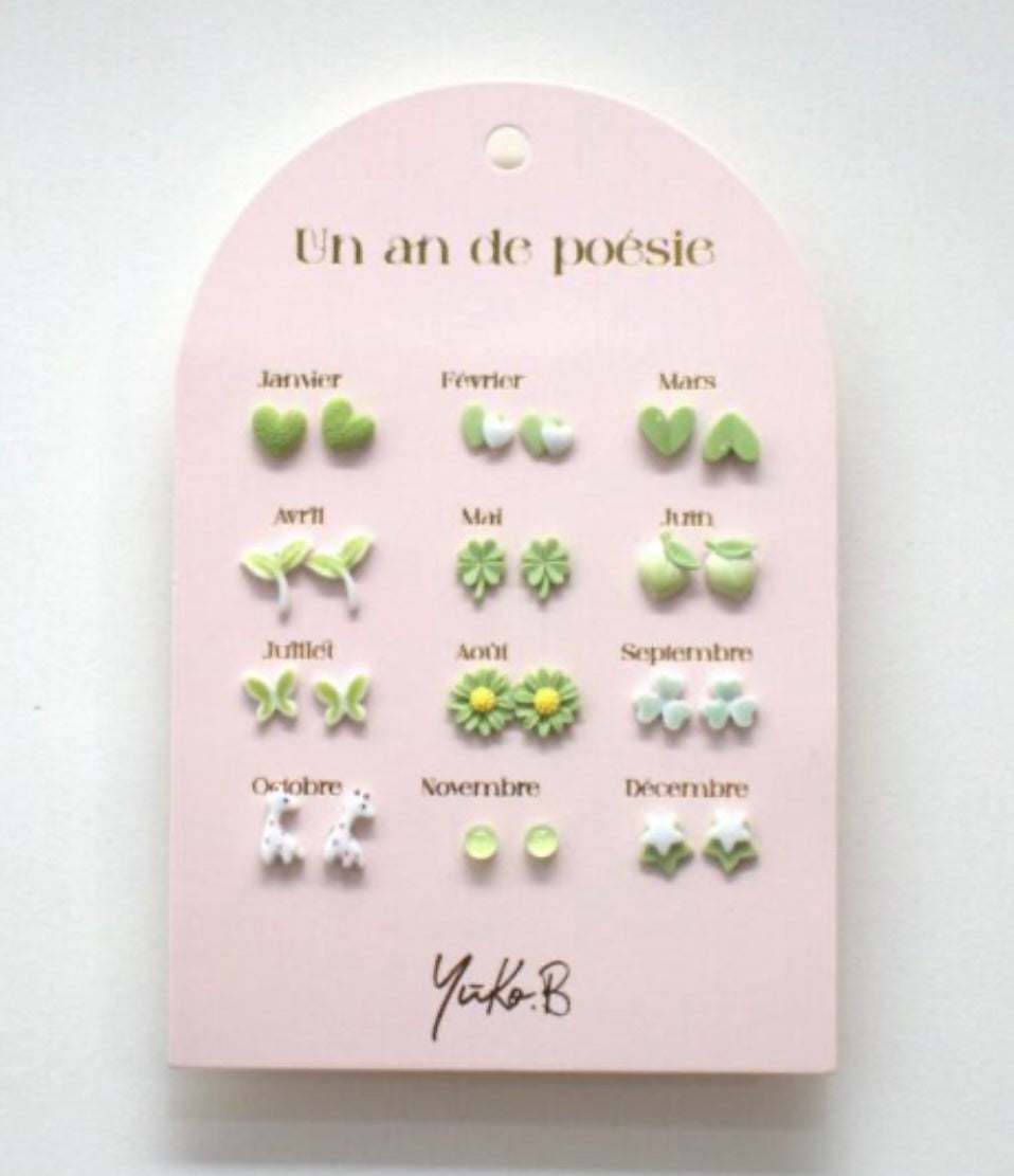 SET OF 12 PAIRS OF NICKEL-FREE CERAMIC  EARRINGS – A YEAR OF GREEN POETRY