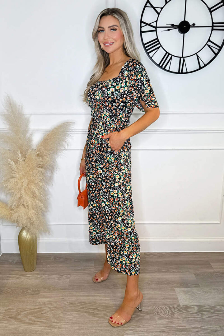 MULTI DITSY PRINT FLUTTER SLEEVE JUMPSUIT