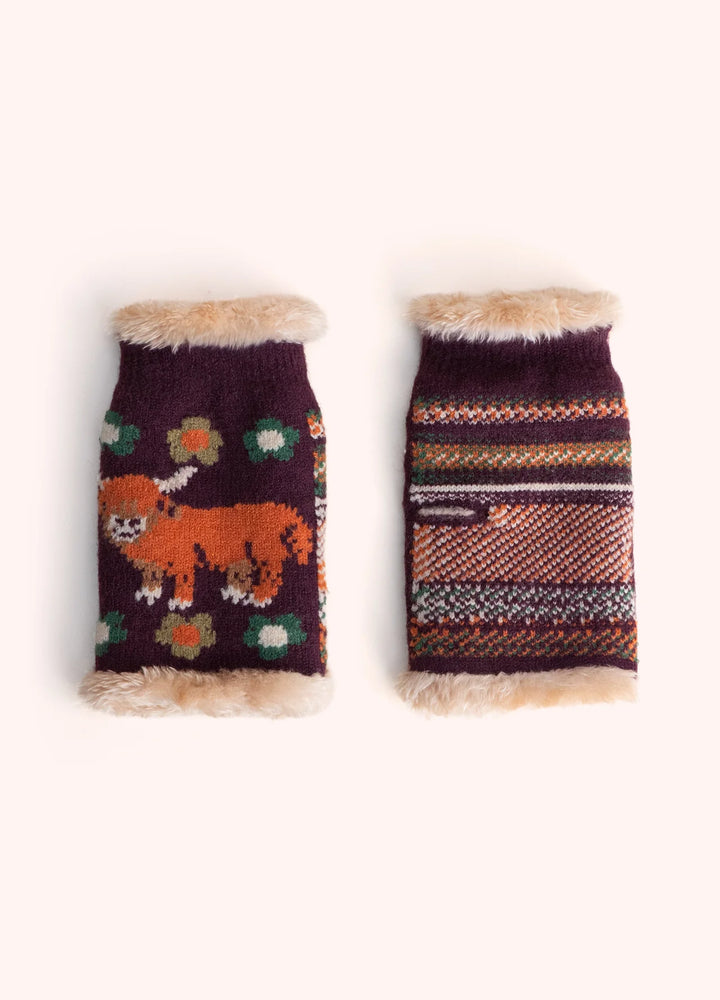 Powder ! Highland Cow Wrist Warmers in Damson