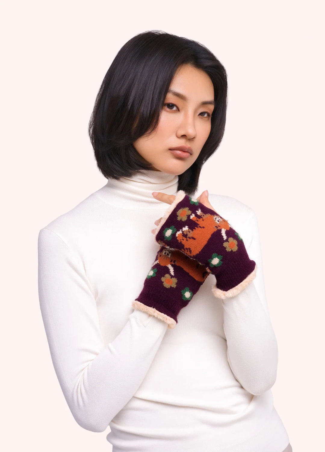 Powder ! Highland Cow Wrist Warmers in Damson