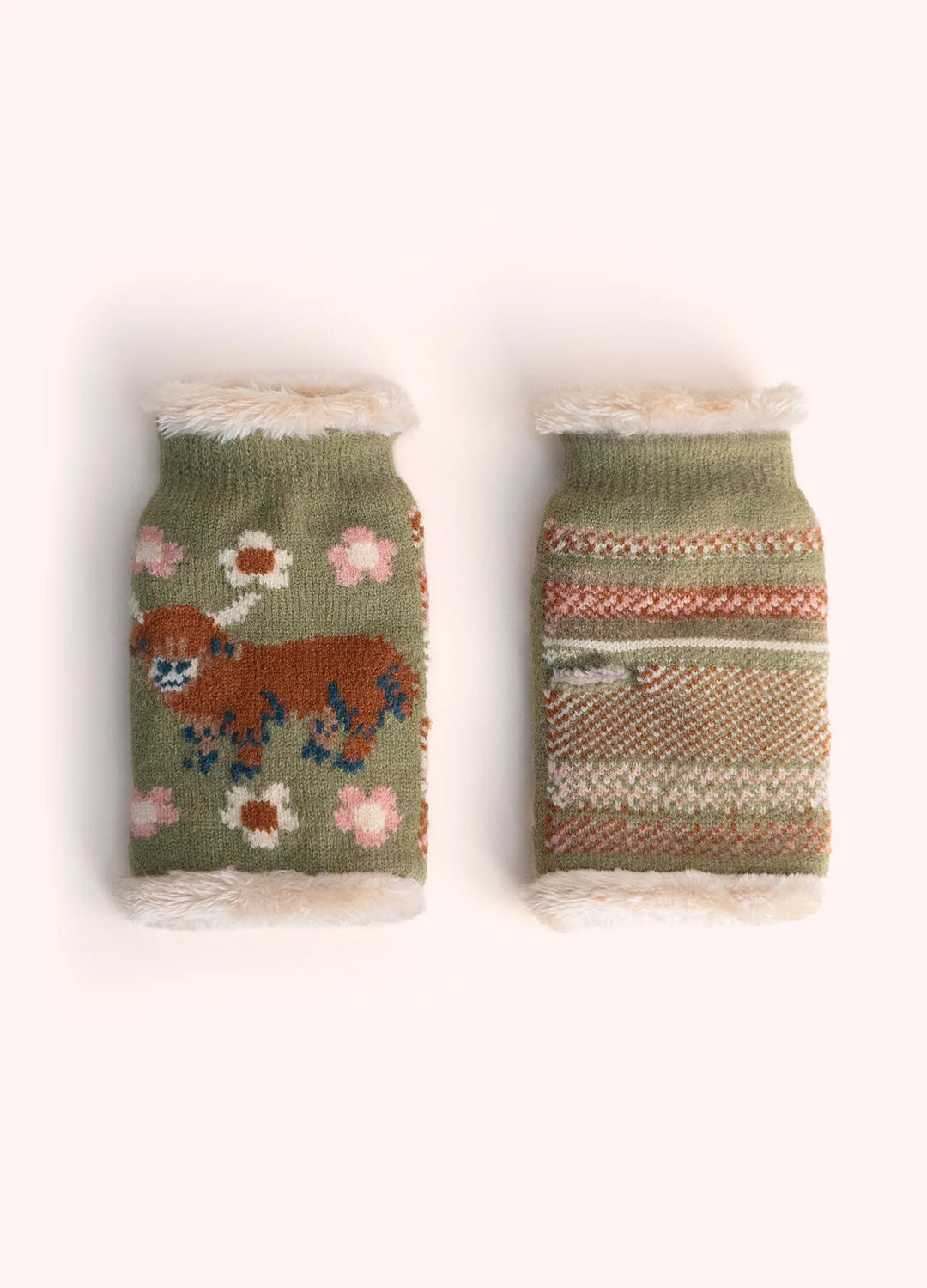 Powder ! Highland Cow Wrist Warmers in Moss