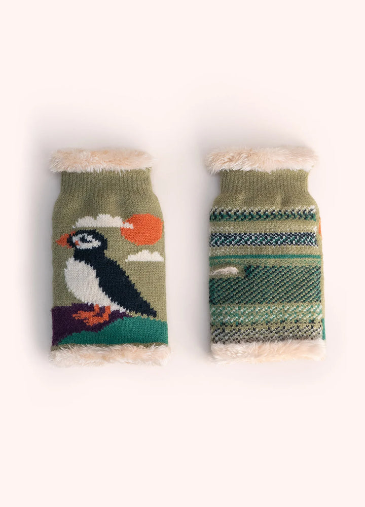 Powder ! Puffin Wrist Warmers in Moss