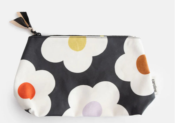 MULTI FLOWER CHARCOAL COATED CANVAS BEAUTY BAG