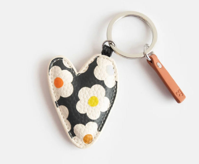MULTI FLOWER CHARCOAL PRINTED HEART KEYRING