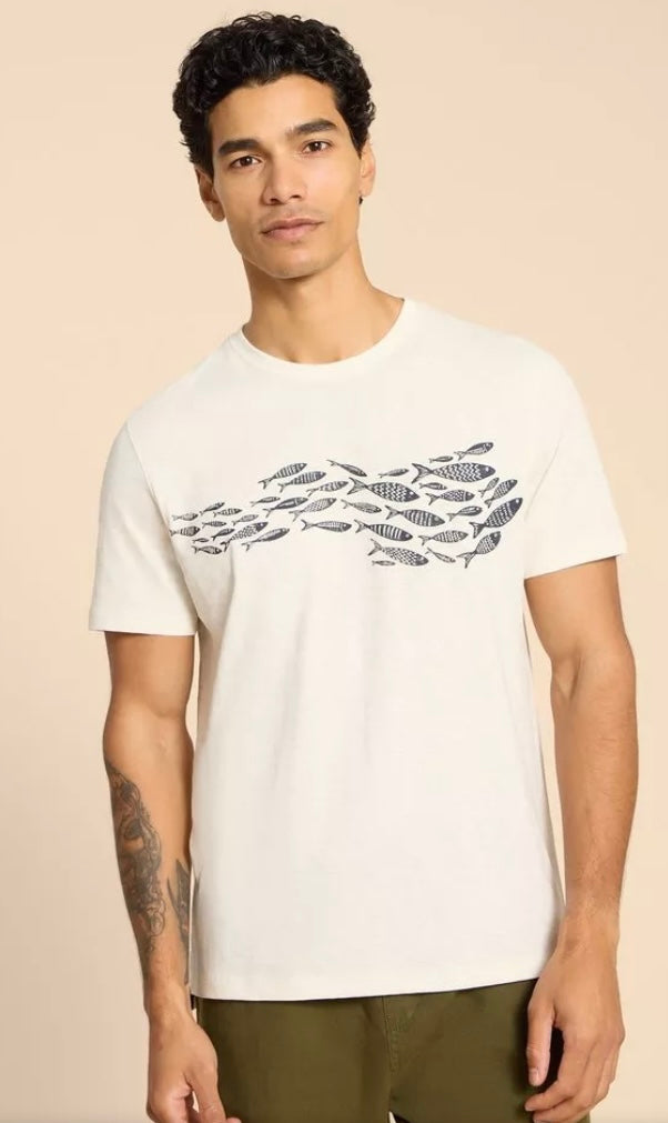 WHITE PRINT SHOAL FISH GRAPHIC TEE