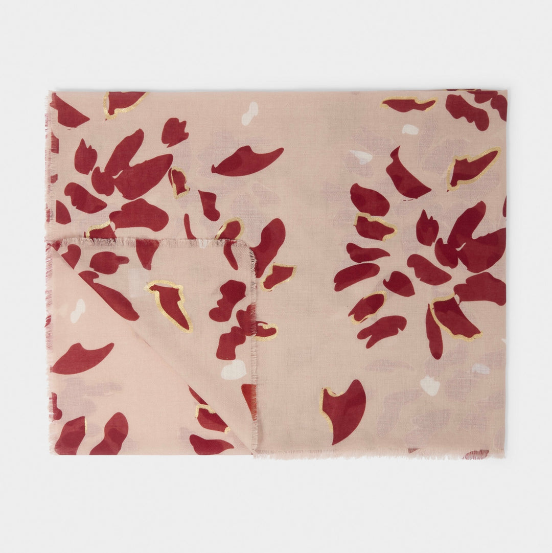 SCATTERED PETALS PRINTED FOIL SCARF IN DUSTY ROSE, GARNET RED AND GOLD