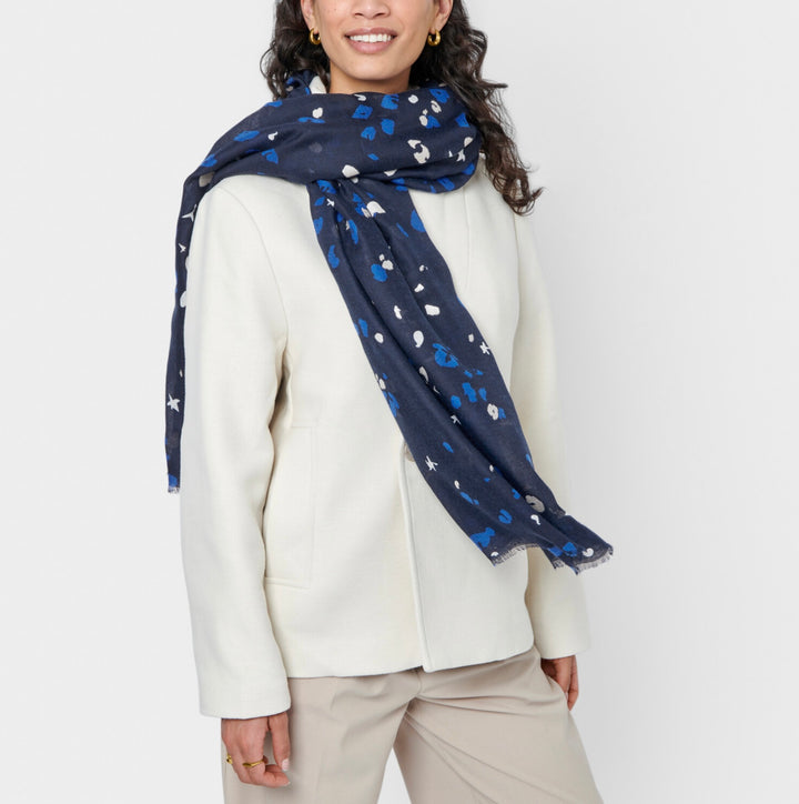 CONFETTI STAR PRINTED FOIL SCARF IN NAVY, WHITE AND SILVER