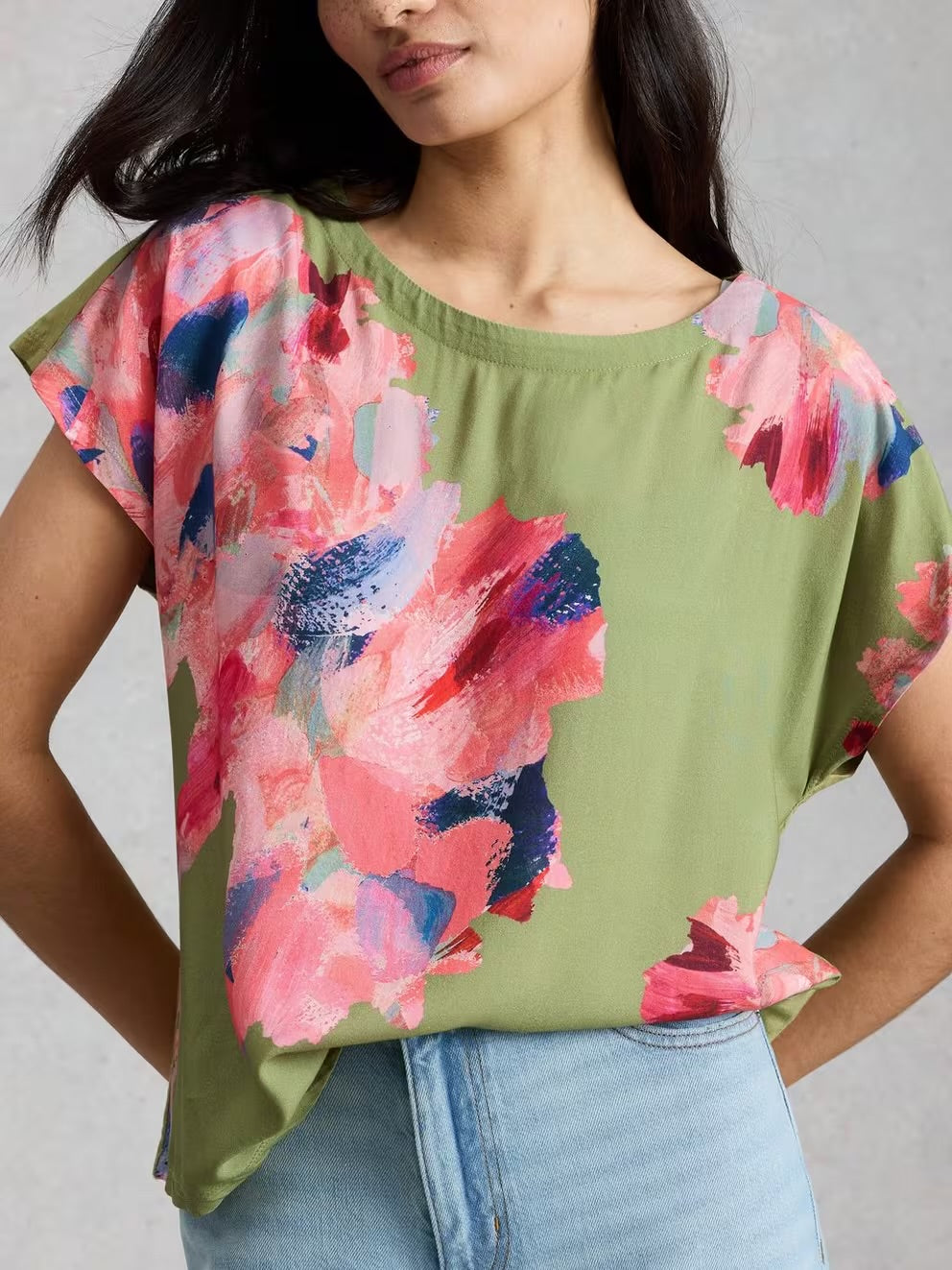 WOVEN MIX TEE GREEN PRINT