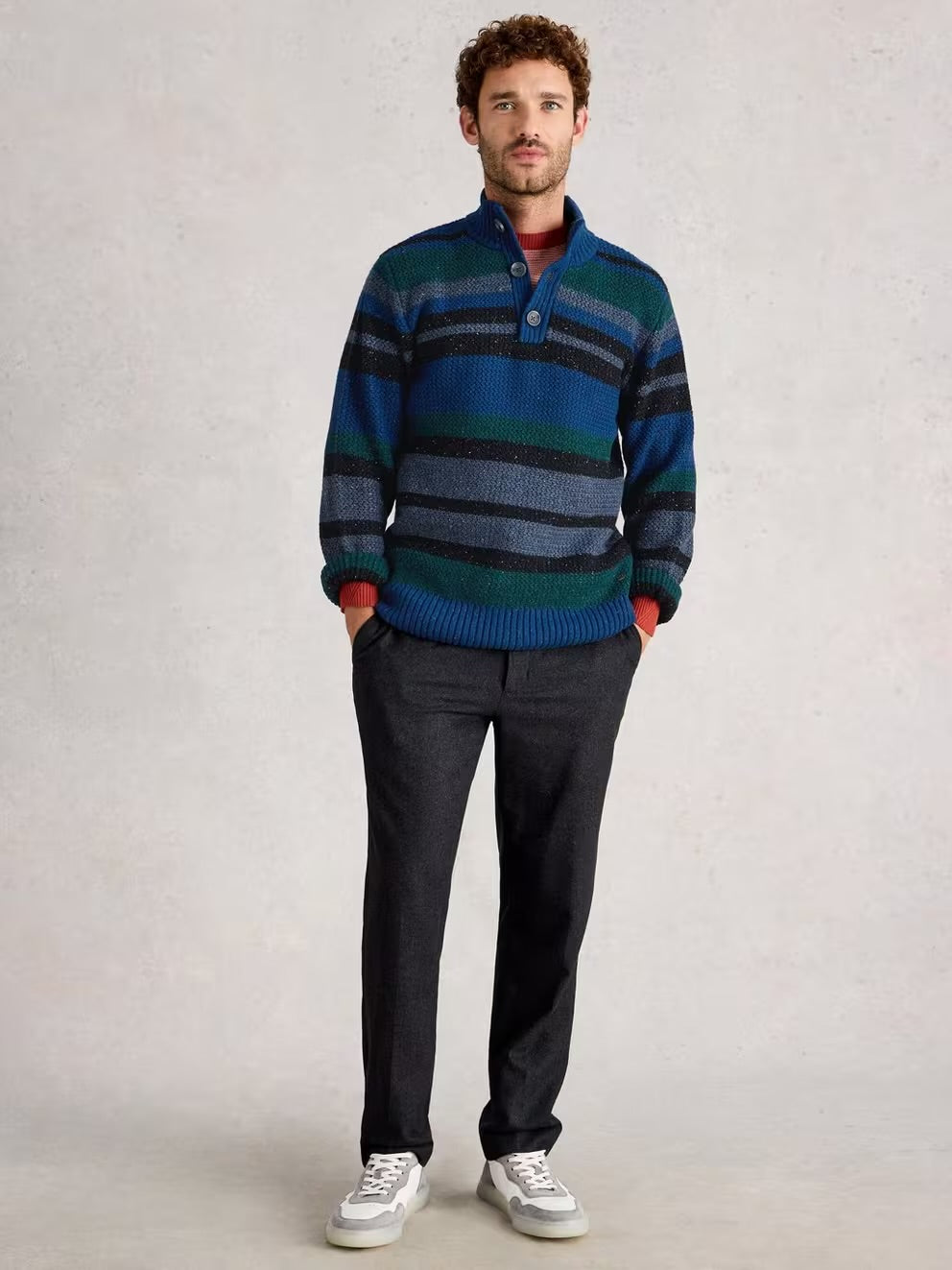 BERKLEY BUTTON NECK STRIPE BLUE MLT