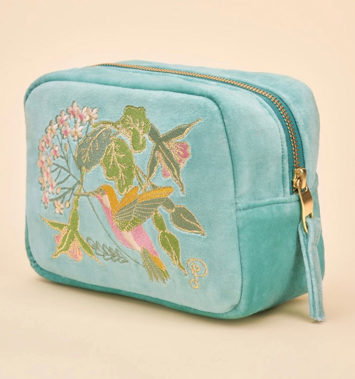 VELVET EMBROIDERED AQUA HUMMINGBIRD MAKE UP BAG