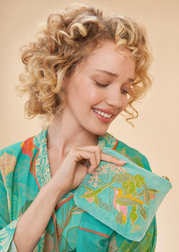 VELVET EMBROIDERED AQUA HUMMINGBIRD MINI POUCH