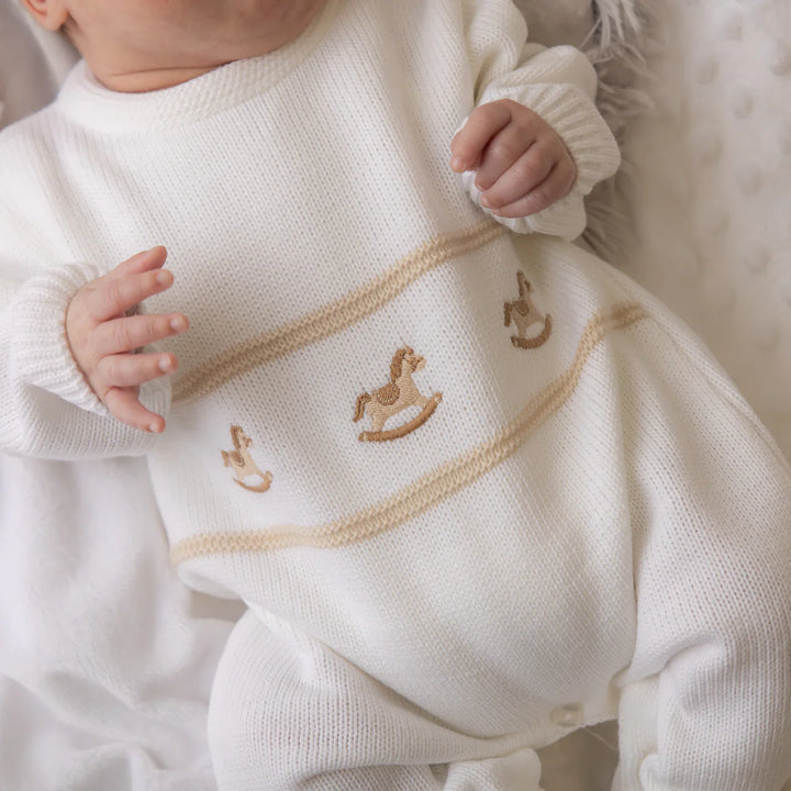 ROCKING HORSE KNITTED ONESIE WHITE 0-3 MONTHS