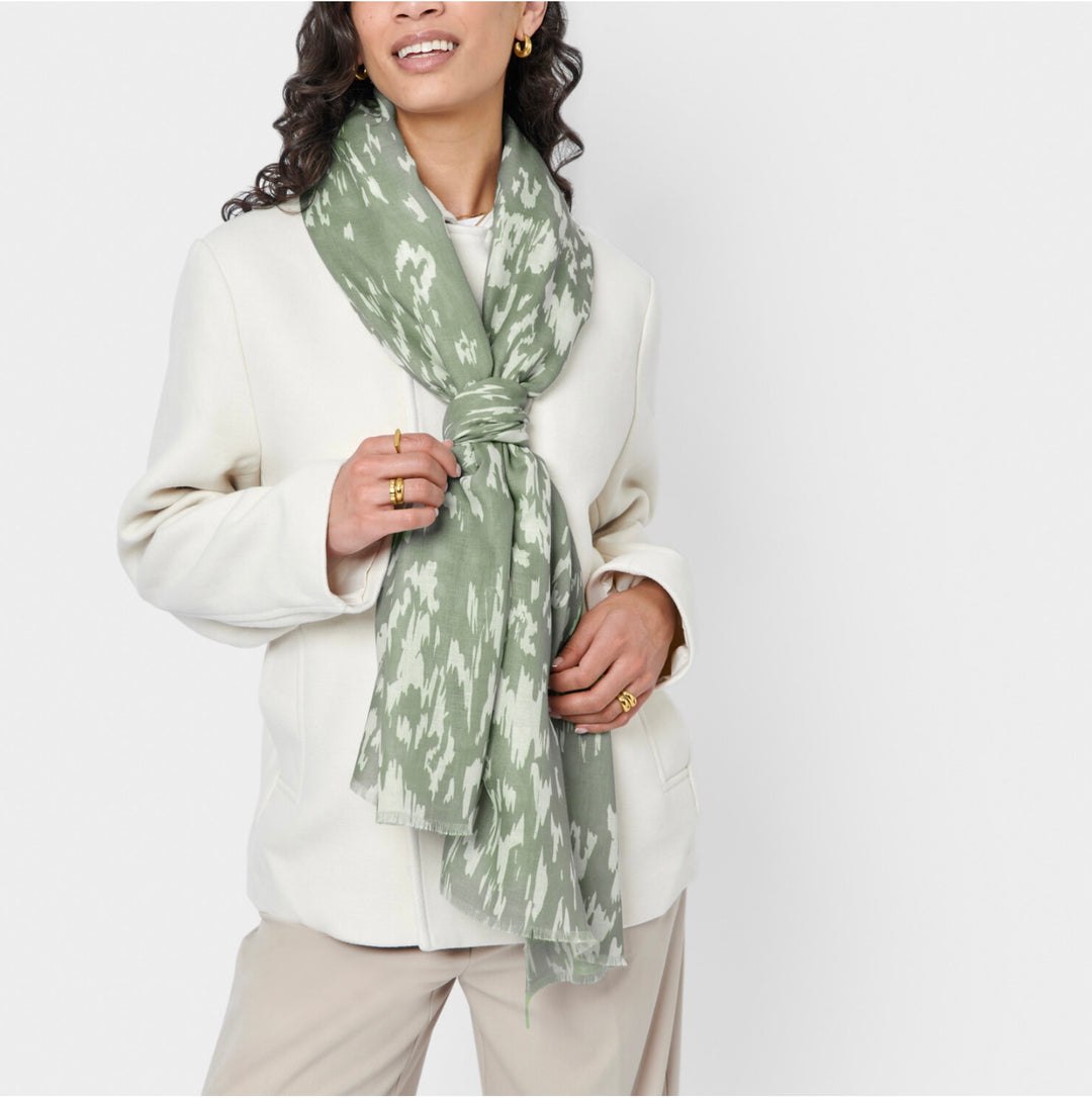 ABSTRACT ANIMAL PRINTED SCARF IN SAGE AND OFF WHITE