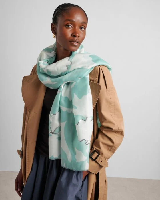 PRINTED FOIL SCARF FLORAL SAGE OFF WHITE SILVER