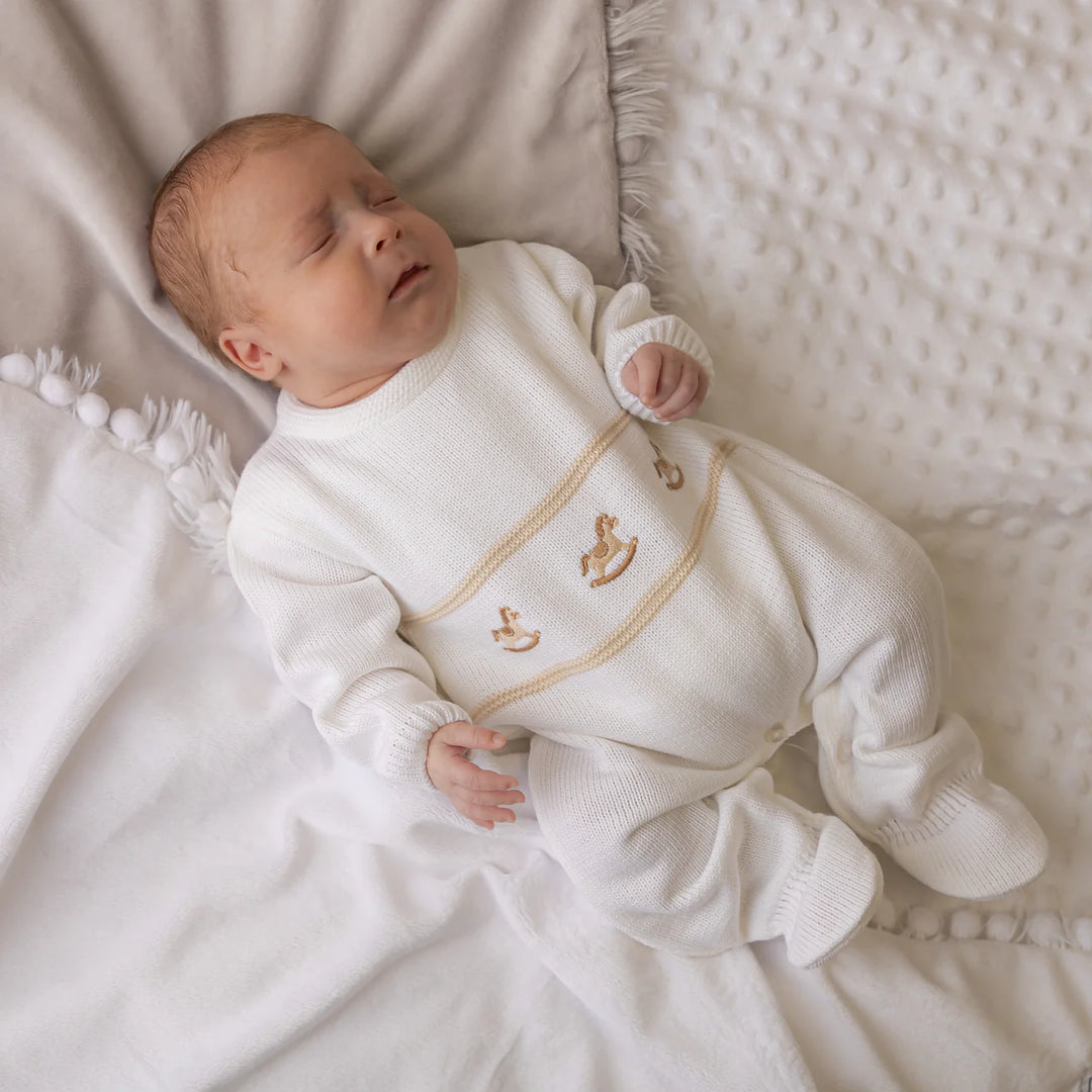 ROCKING HORSE KNITTED ONESIE WHITE 0-3 MONTHS