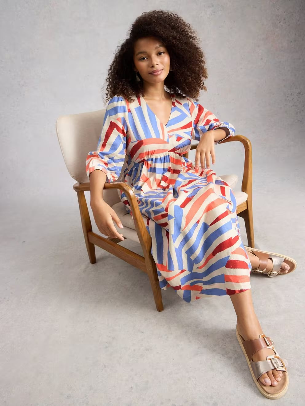 LUCY LINEN BLEND MIDI DRESS IVORY MLT