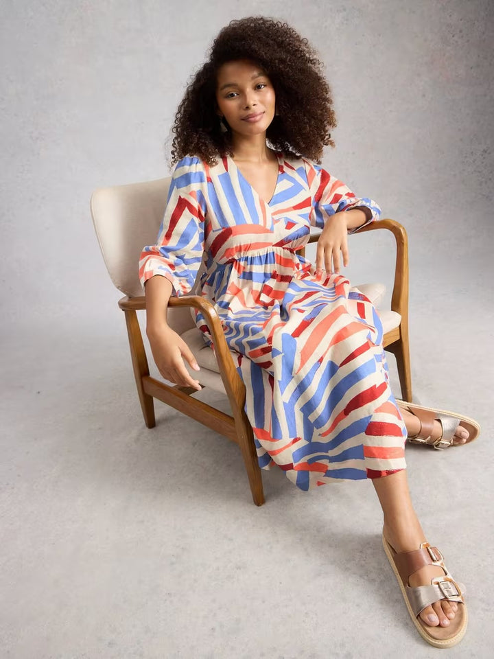 LUCY LINEN BLEND MIDI DRESS IVORY MLT