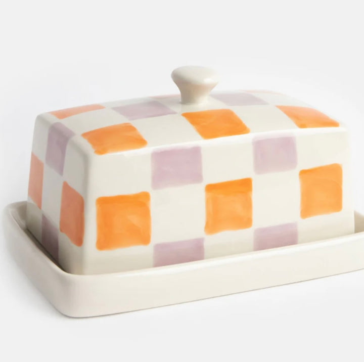 ORANGE LILAC CHECK BUTTER DISH