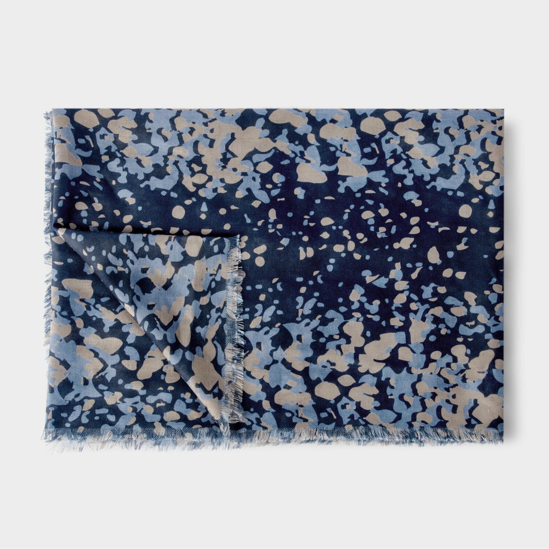 SCATTERED DOT PRINTED SCARF IN BLACK, TAUPE AND NAVY