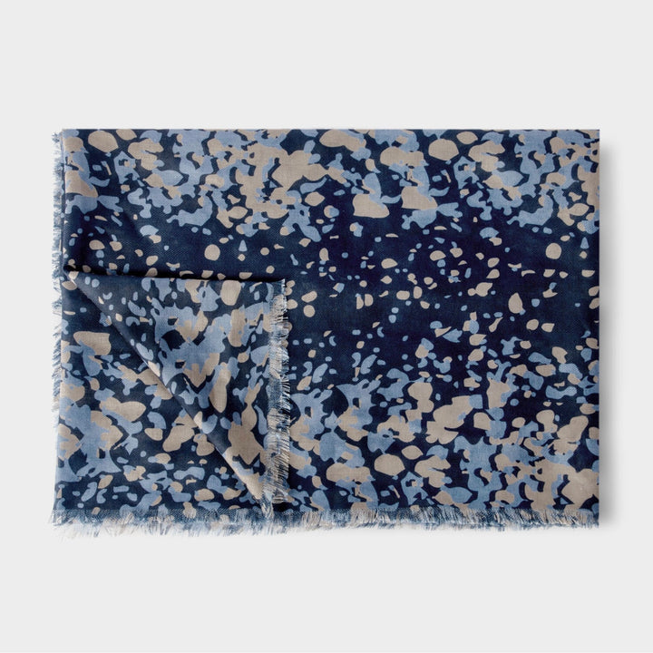 SCATTERED DOT PRINTED SCARF IN BLACK, TAUPE AND NAVY