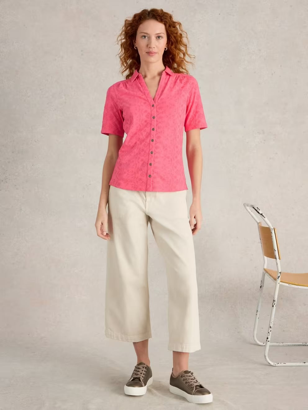 ANNIE SS BRODERIE SHIRT BRIGHT PINK