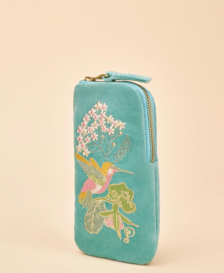 VELVET EMBROIDERED AQUA HUMMINGBIRD SUNGLASSES POUCH