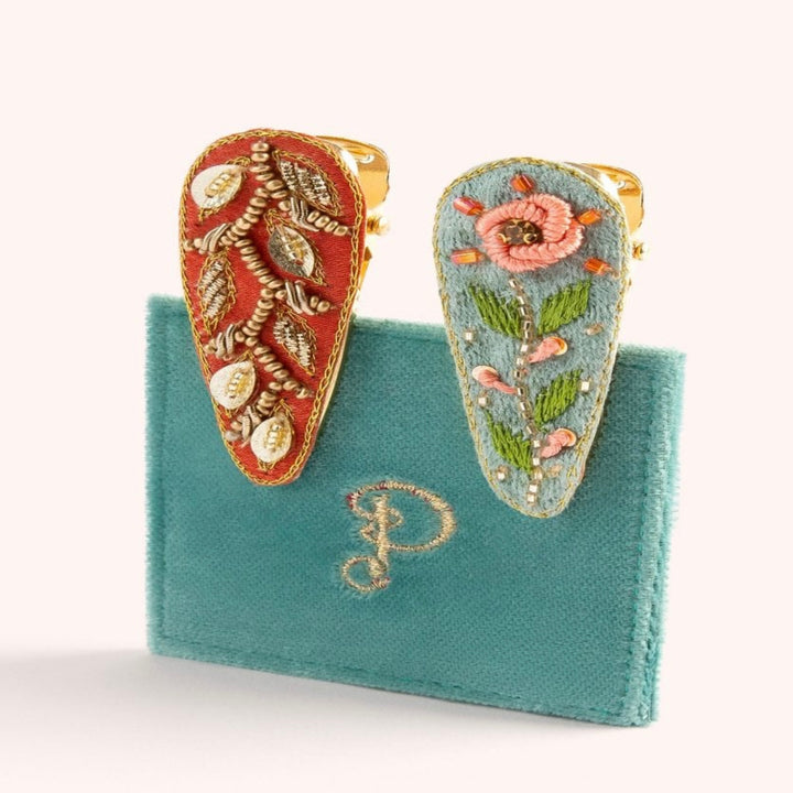 ICE FLOWER & TANGERINE LEAVES HAIR CLIPS