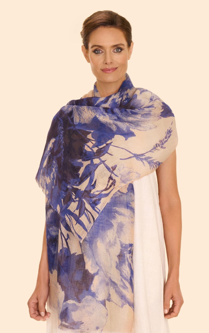 CHINA BLUE BLOOMS COTTON LINEN MIX SCARF