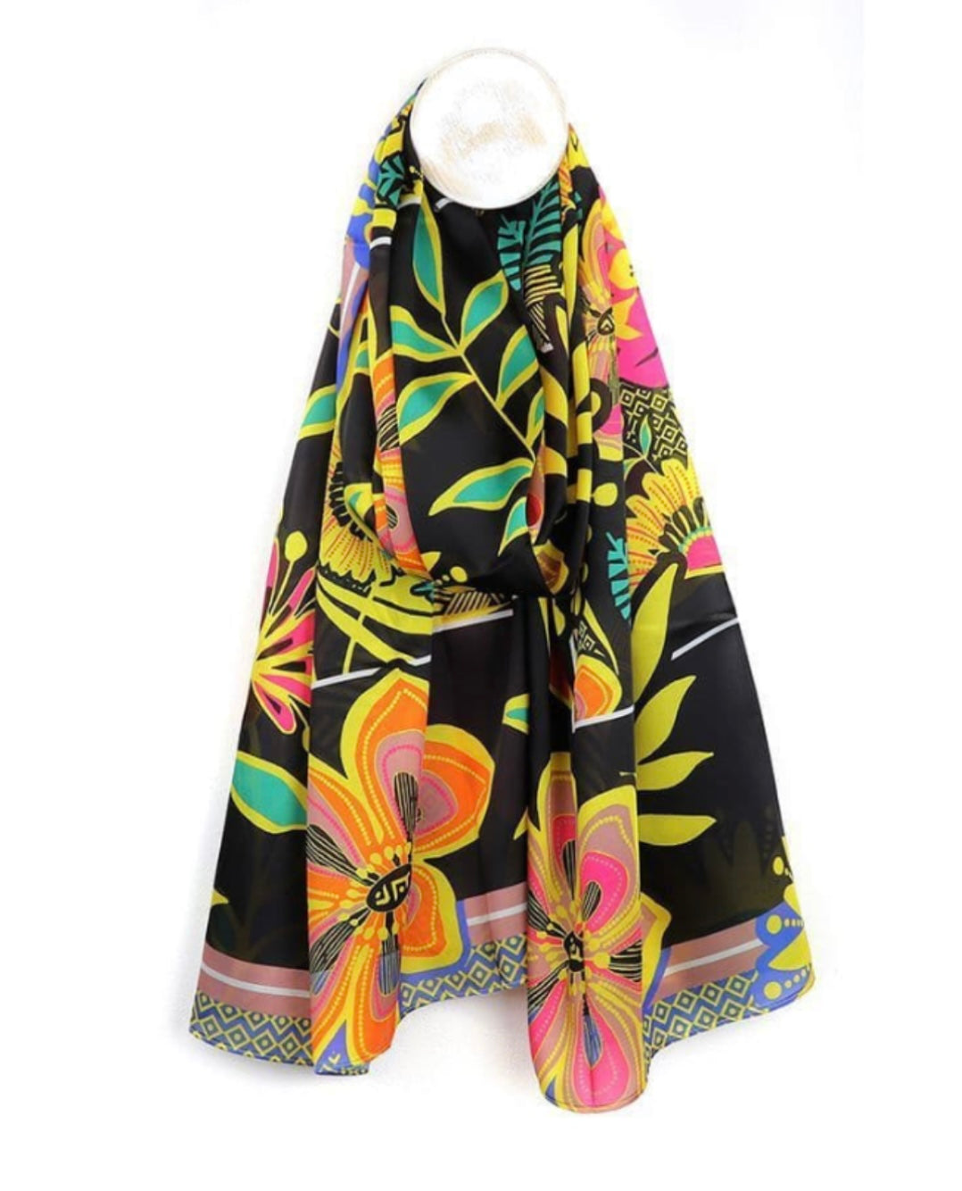 SILKY BLACK AND VIBRANT FLOWER PRINT SCARF