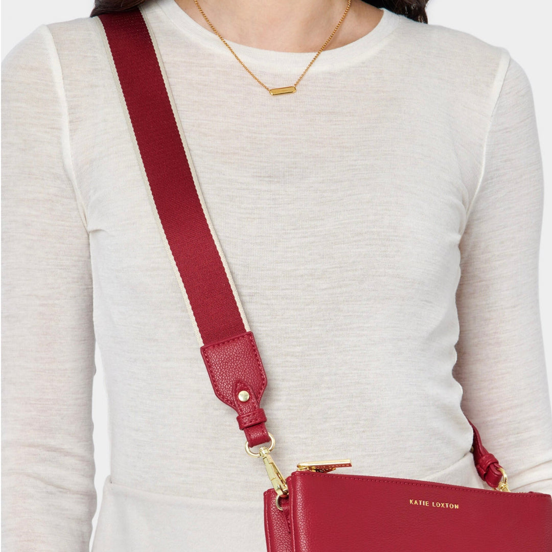 STRIPE CANVAS BAG STRAP IN GARNET