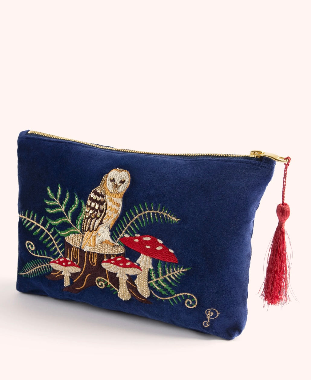 VELVET ZIP POUCH WOODLAND OWL NAVY