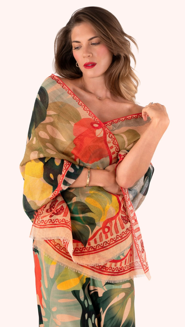 EXOTIC LEAVES LINEN/COTTON MIX SCARF