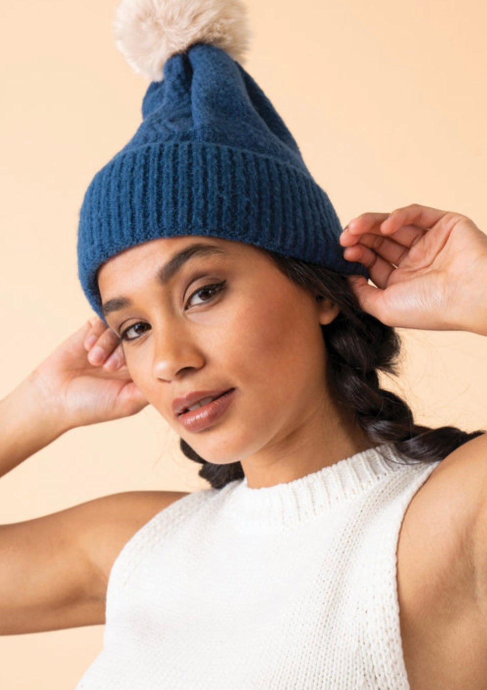 NAVY & MIST INGRID KNITTED POM POM HAT