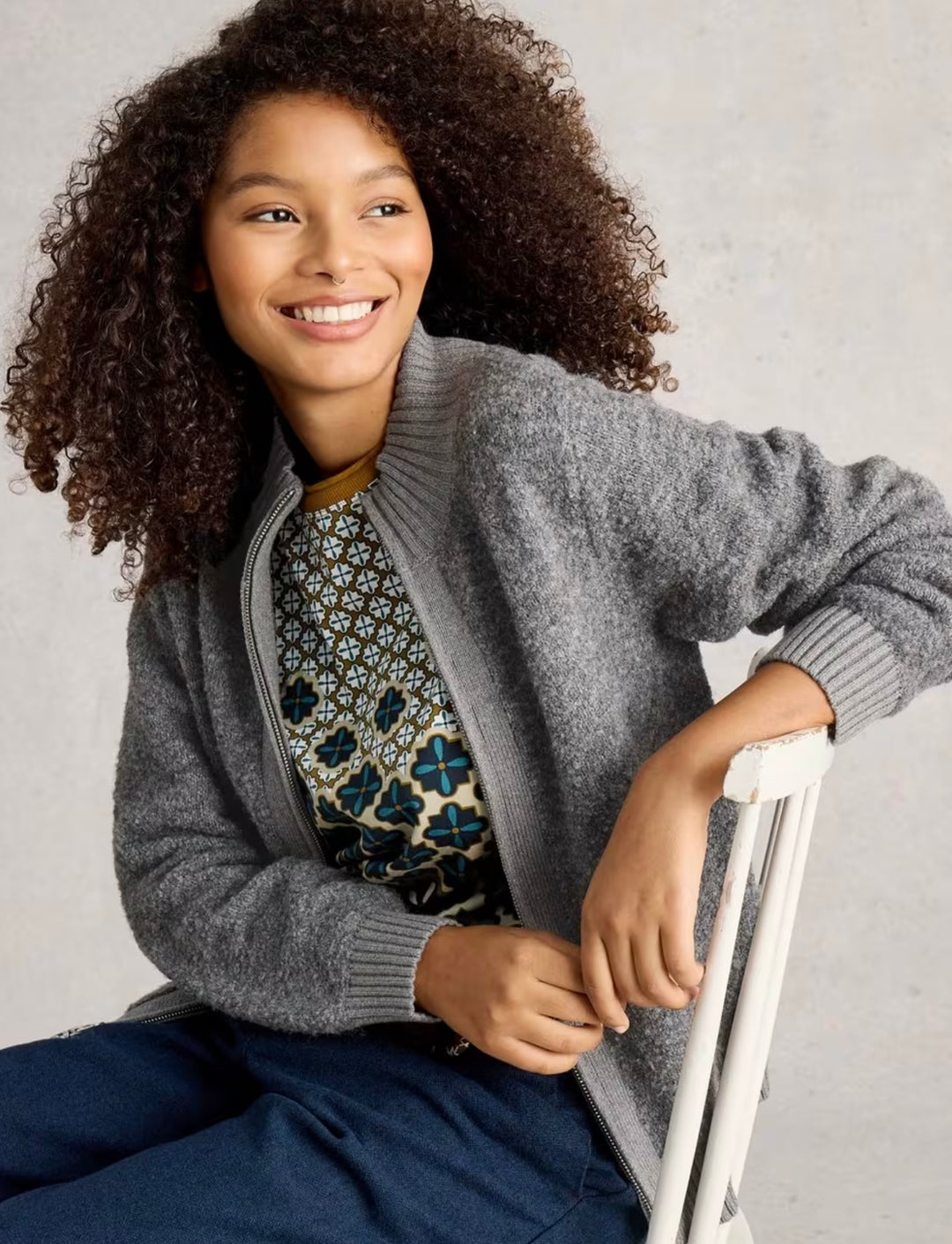 MID GREY BOBBY BOUCLE ZIP CARDIGAN