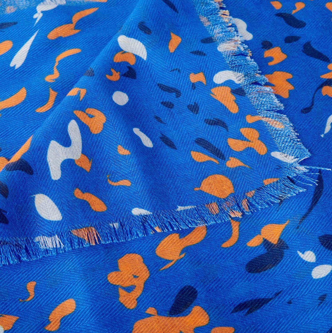 TERRAZZO PRINTED SCARF IN COBALT BLUE AND ORANGE