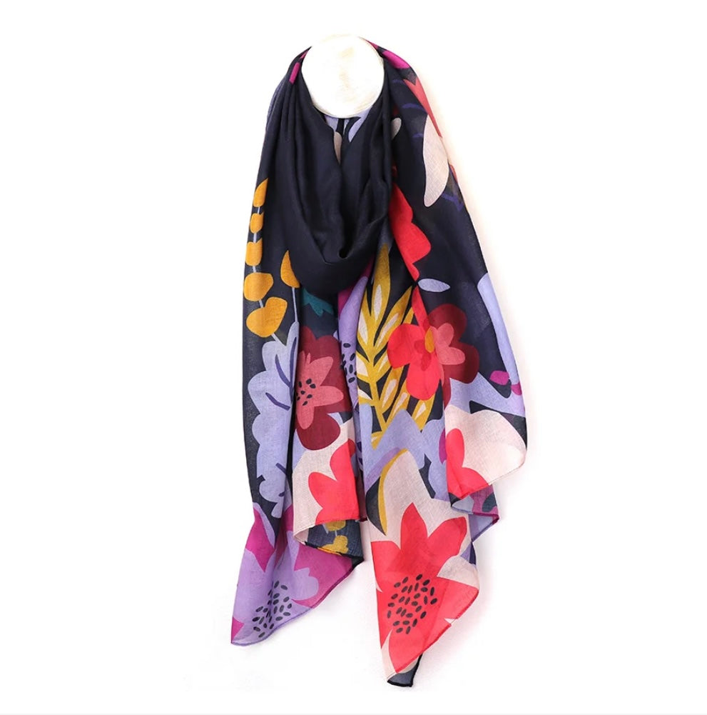 NAVY BLUE RECYCLED SCARF WITH TROPICAL PRINT EDGE