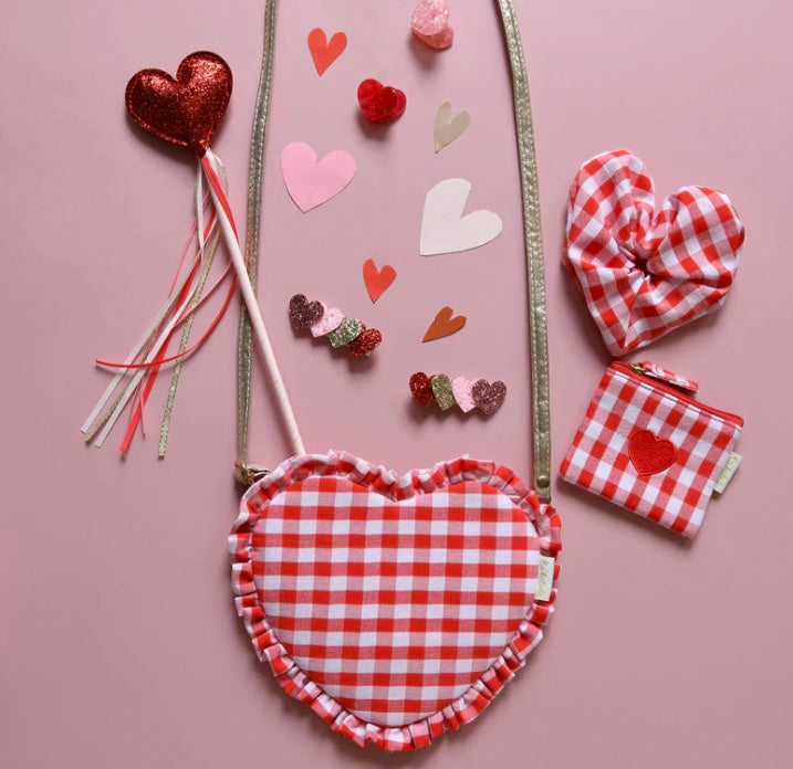 GINGHAM RUFFLE LOVE HEART BAG