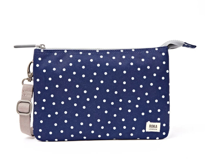 CARNABY B RECYCLED CANVAS SLING BAG NAVY POLKA DOT