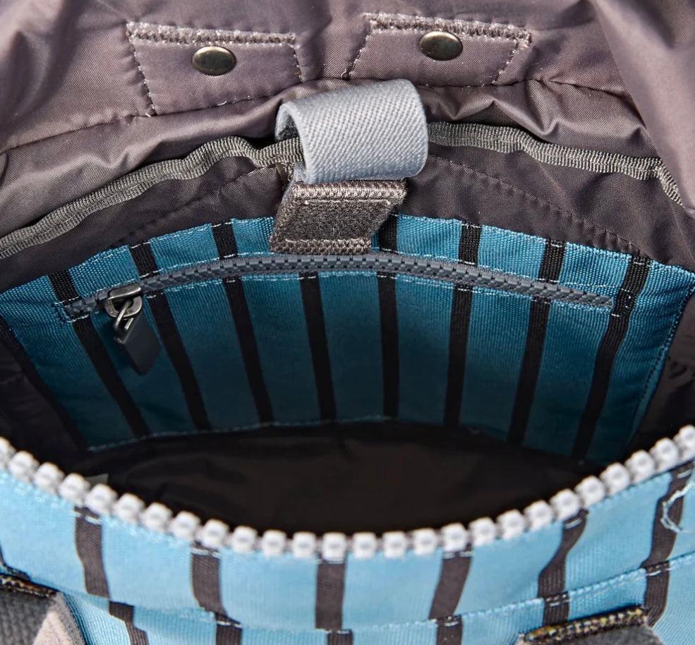CANFIELD B SMALL RECYCLED CANVAS BLUE STRIPE BACKPACK