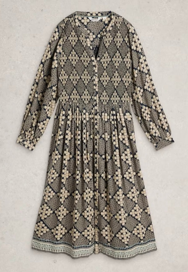 NAVY PRINT HATTIE SHIRRED DRESS